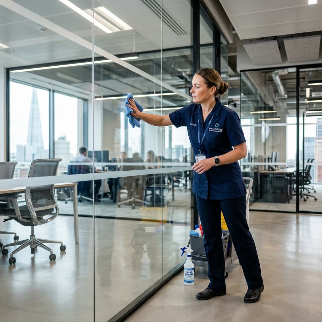 Professional commercial cleaner polishing a glass wall
