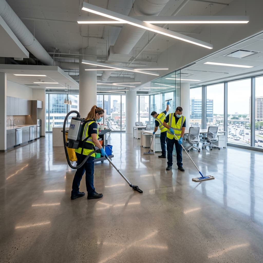 Post-construction commercial building interior undergoing final clean